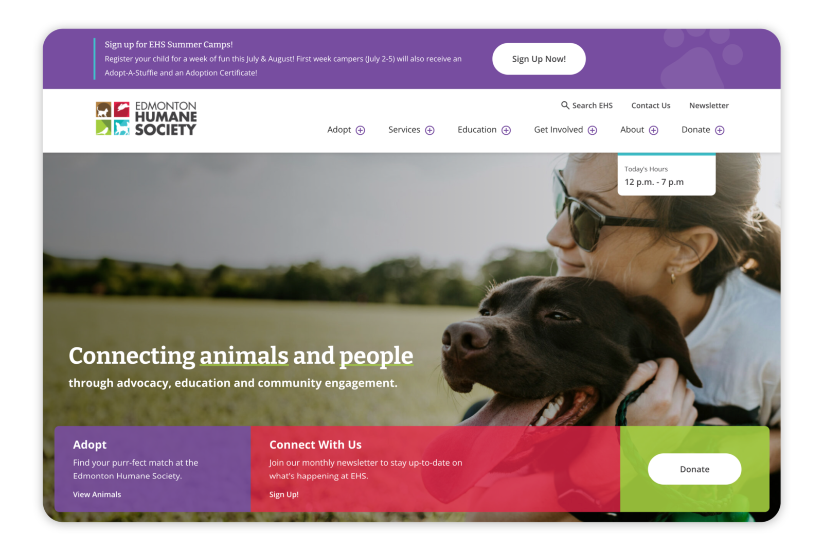 Homepage of the EHS website showing the primary Hero area, initial call to actions for adoption, Newsletter, and donate, and image of collared black dog being hugged by female owner