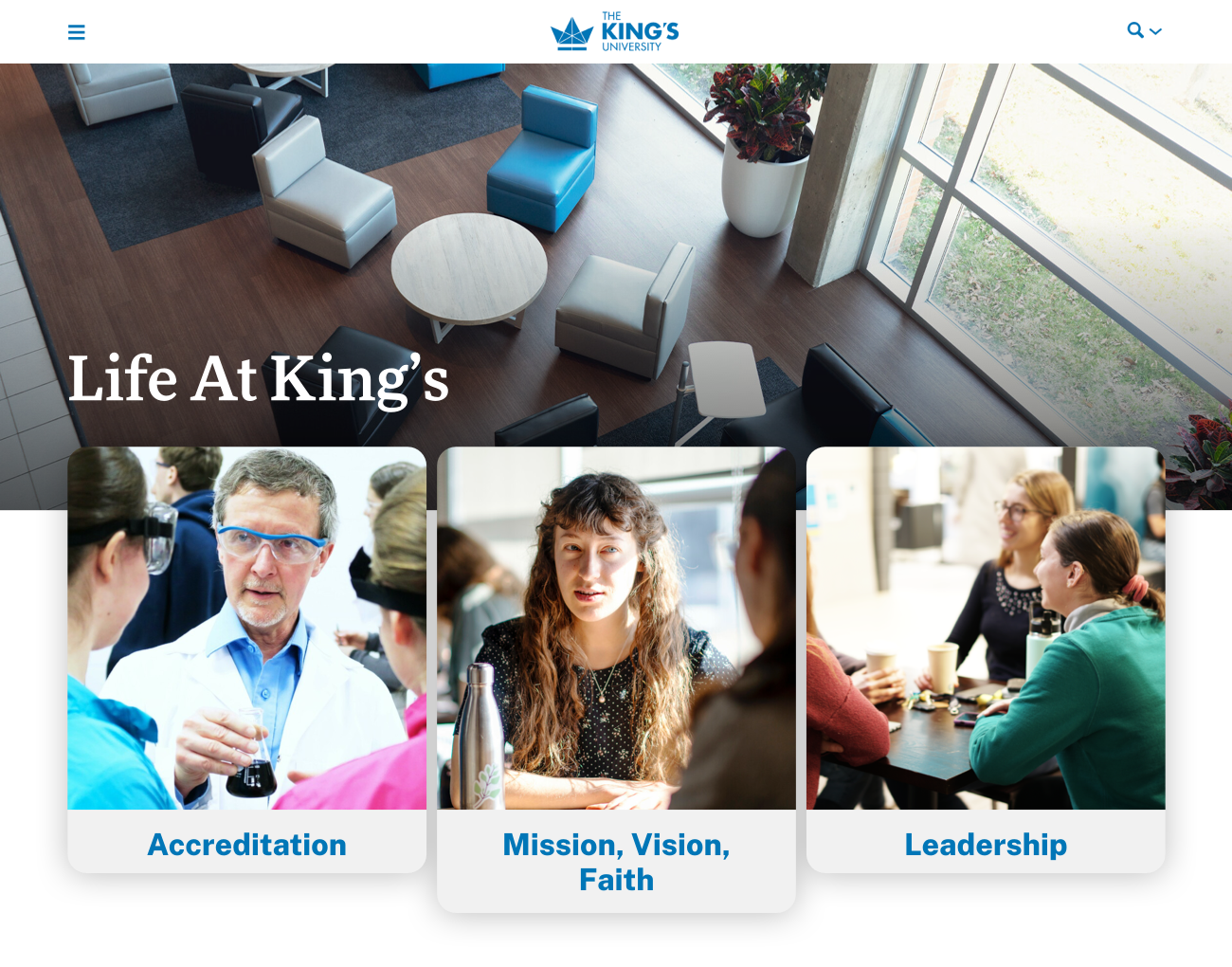 The King's University lading page elements: Accreditation, Mission, Vision and Faith, and Leadership